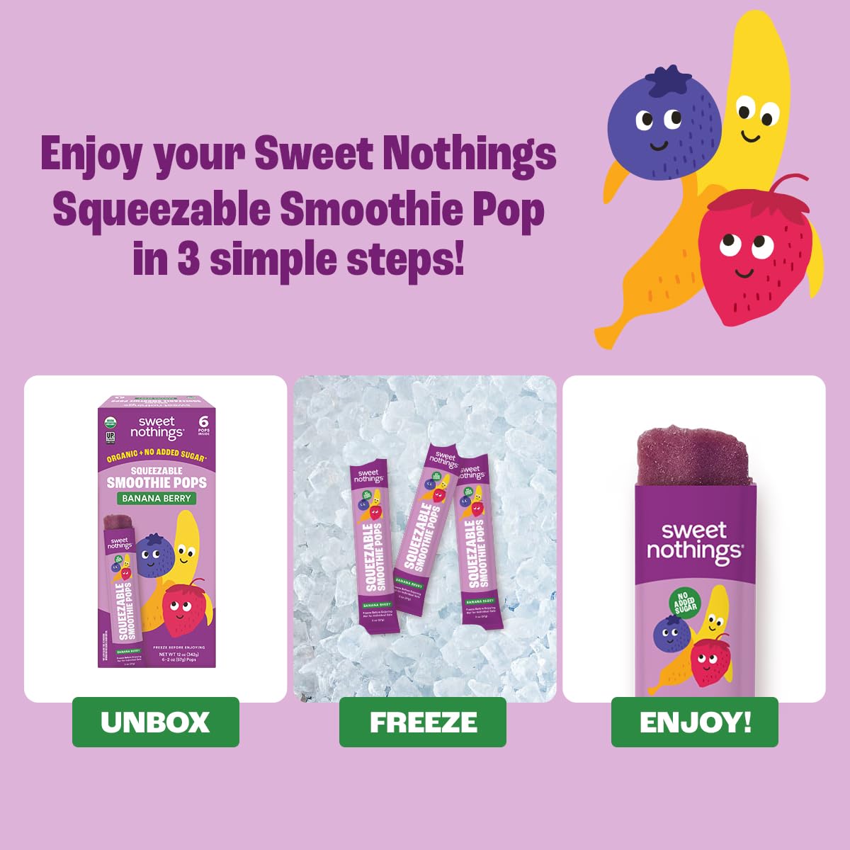 Sweet Nothings Banana Berry Organic Kids' Smoothie Freezie Pops - 24 Pack, Dye-Free, No Added Sugar, Dairy-Free, Vegan, Healthy Treats