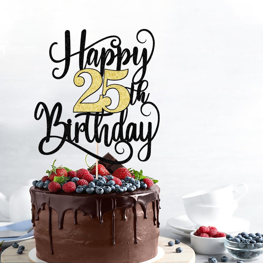 Ruscalin Happy 25Th Birthday Cake Topper,25 Birthday Party Cake Decorations (Black And Gold Flashes, 25Th)