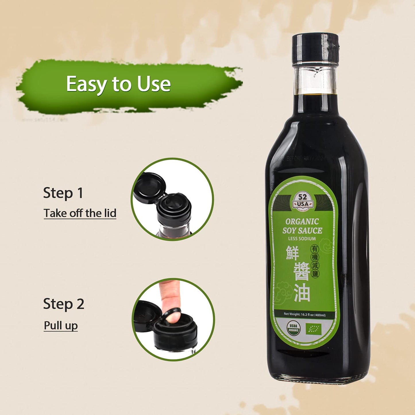 52Usa Organic Low Sodium Soy Sauce 16.2Oz(480Ml), Naturally Brewed Soy Sauce Marinade For Marinating Fish, Meat & Roasted Vegeta