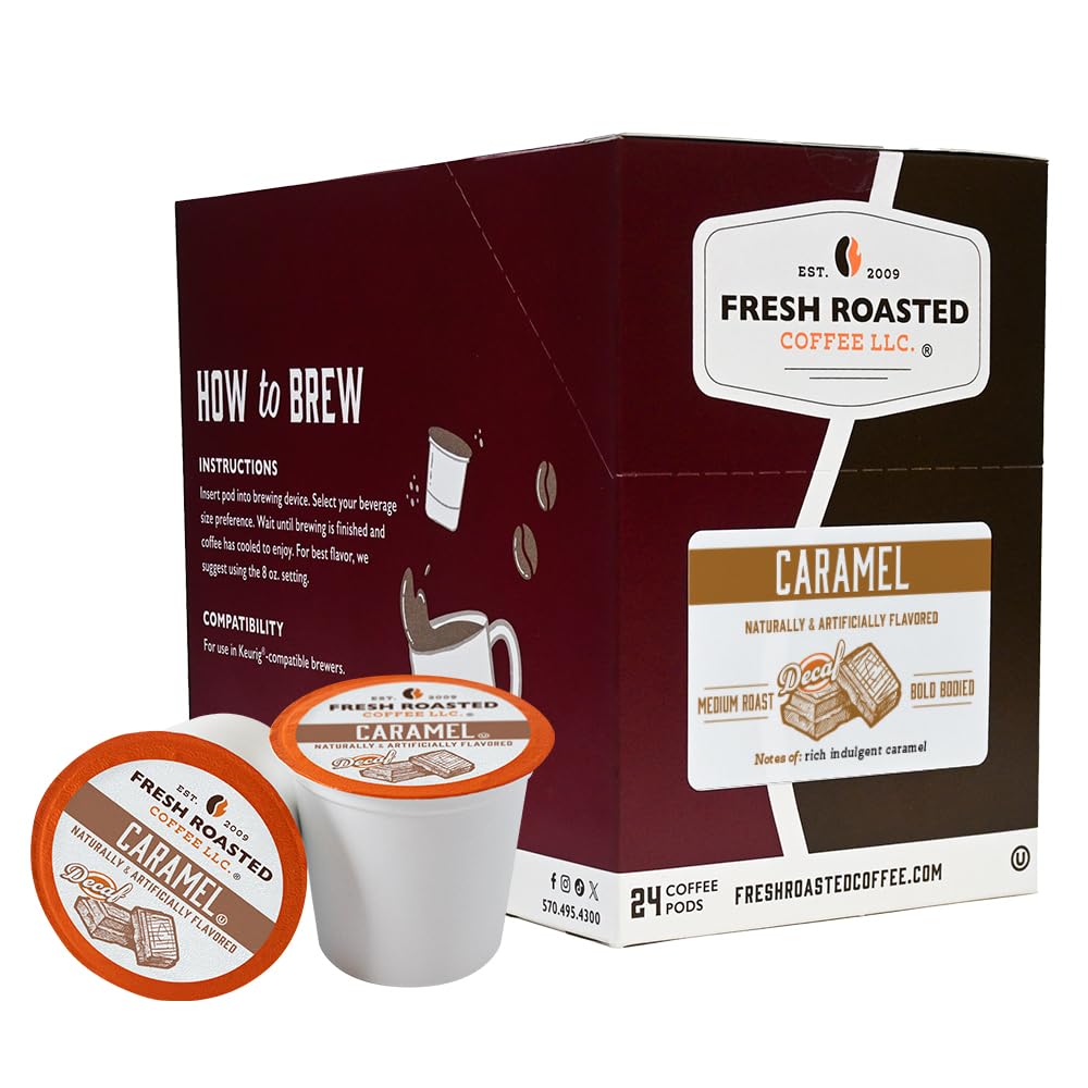 Fresh Roasted Coffee Decaf Caramel Flavored Coffee Pods K-Cup Compatible 24 Count