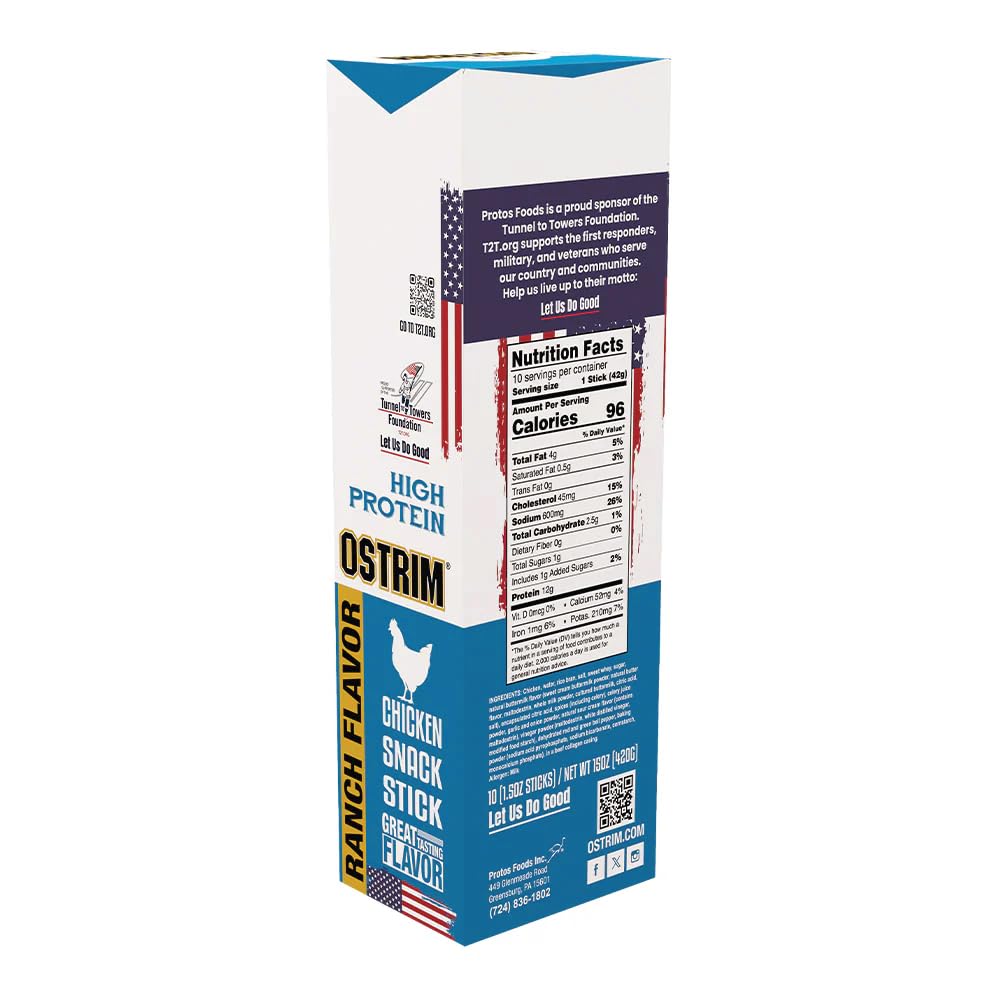 Ostrim (1.5oz) Chicken High Protein Snack Stick, Ranch Flavor, (Pack of 10)