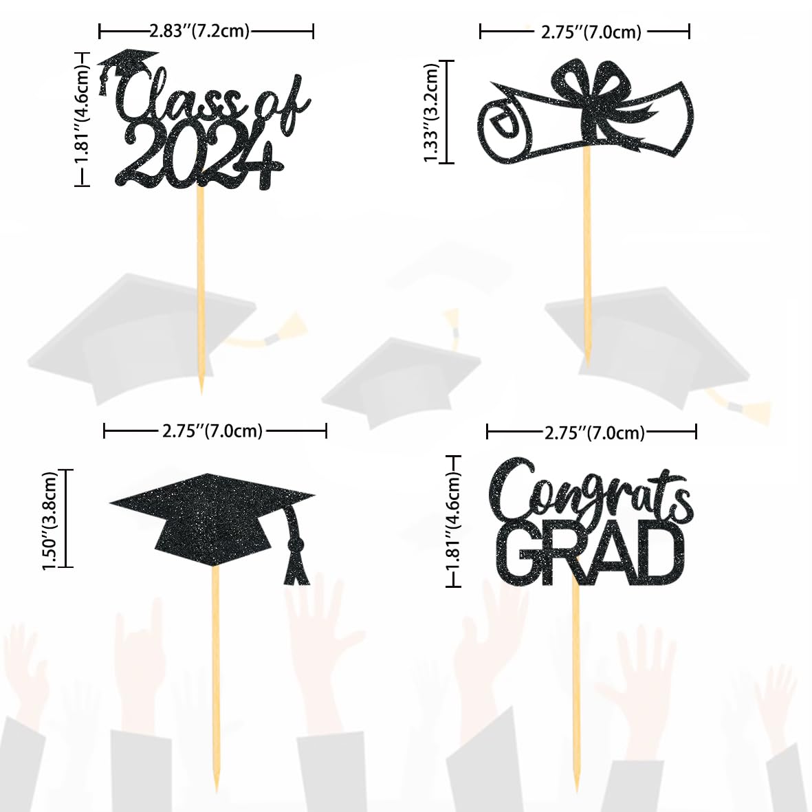 Moitkptt Graduation Cupcake Toppers Set of 24, Black Cardboard, Class of 2025 Decorations, Model fhsh003