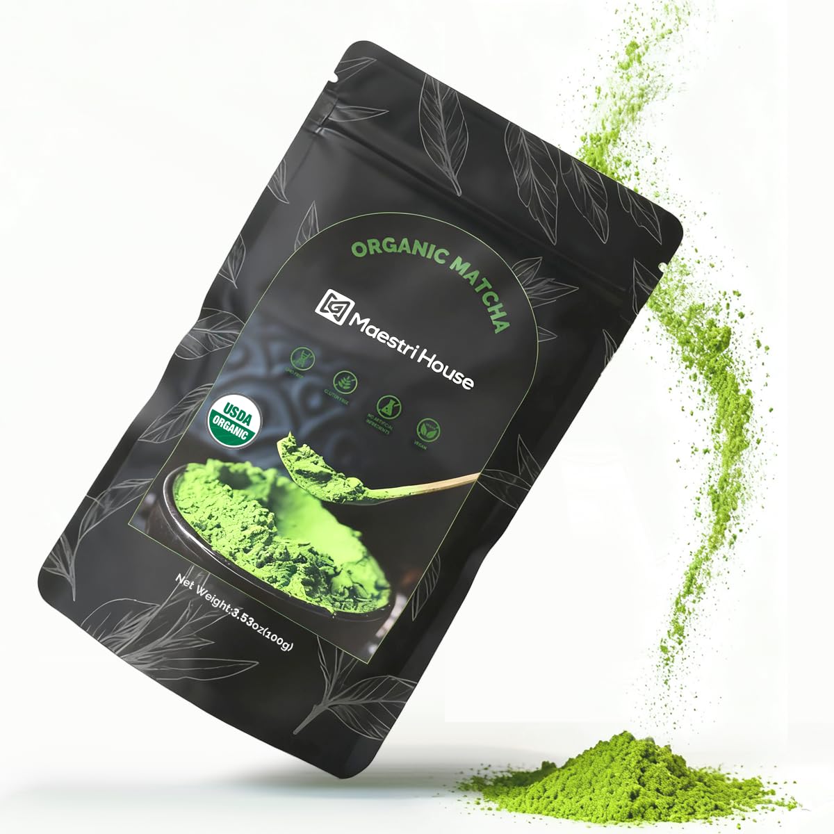 Maestri House Matcha Green Tea Powder  First Harvest Culinary Grade Matcha Powder  100% Pure Organic  Rich Matcha Flavor For Tea  Baking  Desserts & Lattes (3.53Oz/100G)