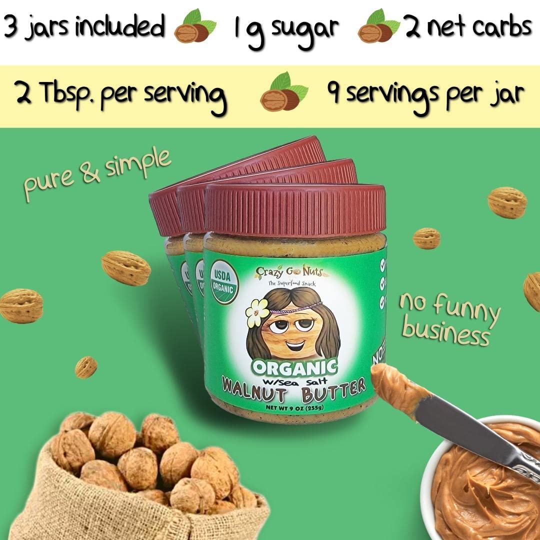 Crazy Go Nuts Organic Walnut Butter - Plain W/ Sea Salt - Healthy Snacks, Keto, Vegan, Low Carb, Gluten Free, Superfood - Natura