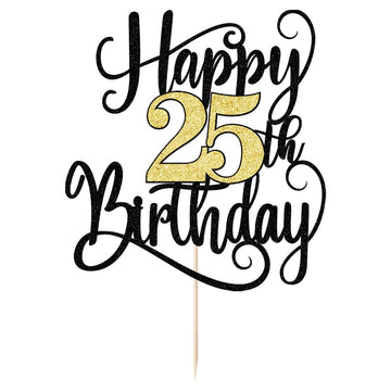 Ruscalin Happy 25Th Birthday Cake Topper,25 Birthday Party Cake Decorations (Black And Gold Flashes, 25Th)