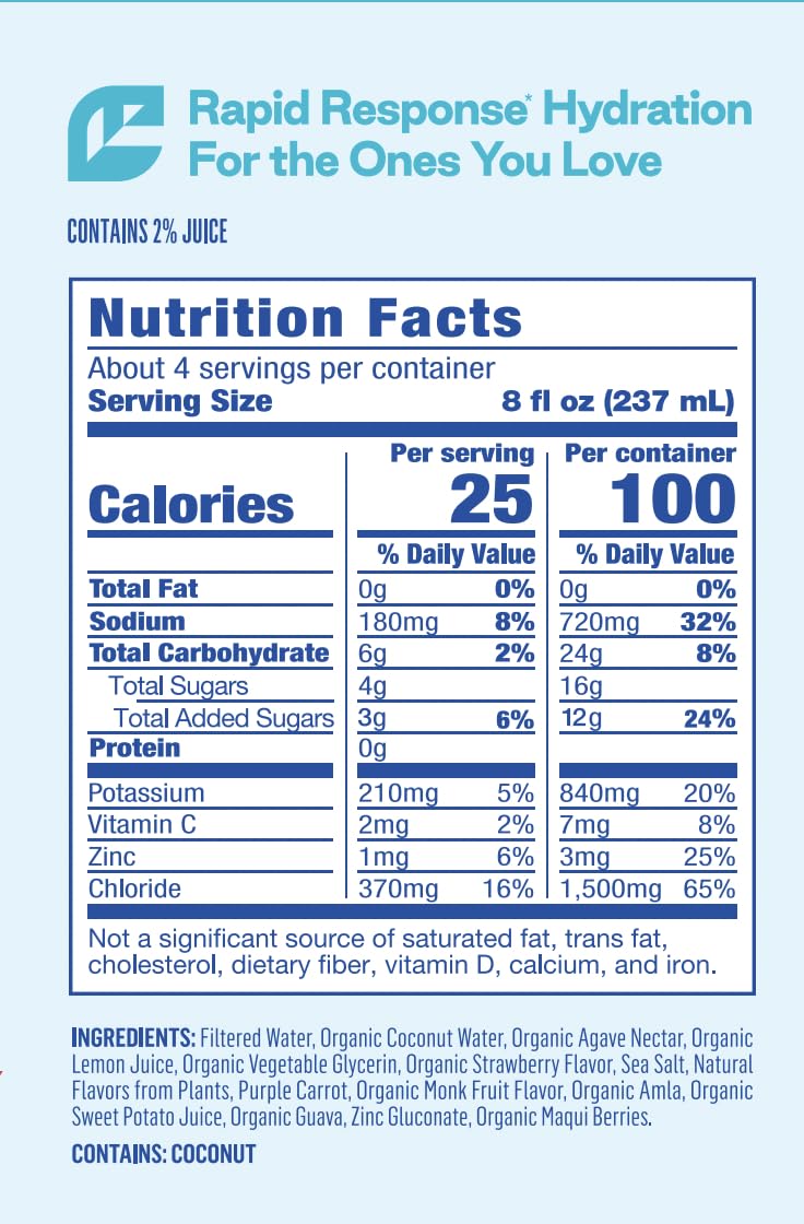 Berri Lyte Plant Based Organic Electrolyte Solution - Pediatric Rehydration Drink - Low Sugar Strawberry Flavor, 1 L, 2 Ct