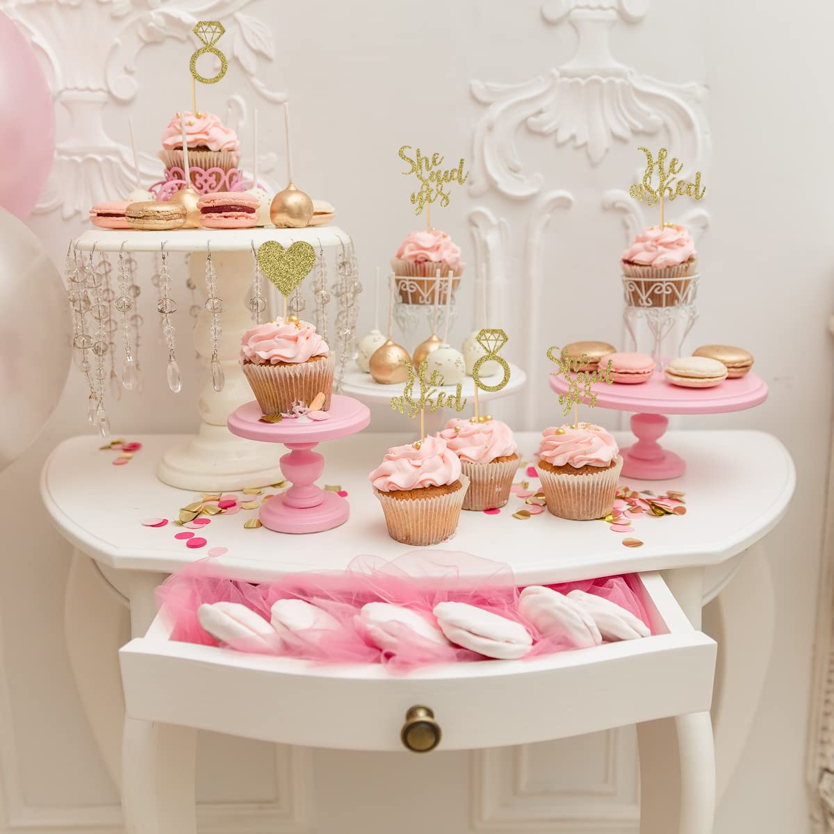 Donoter 24 Pieces Gold Glitter Engagement Cupcake Toppers He Asked She Said Yes Diamond Ring Heart Cupcake Picks For Wedding Bri