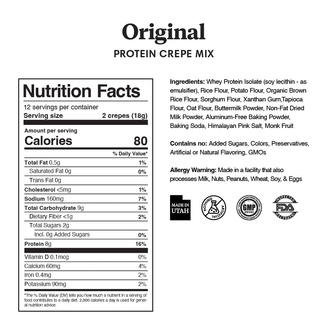 ProDough High Protein Gluten Free French Crepe Mix, 16 oz, Low Carb, Keto Friendly, 8g Protein, No Added Sugars, Makes 24 Crepes