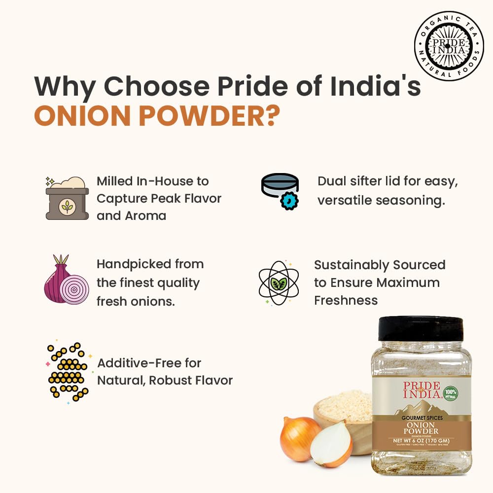 Pride Of India Onion Powder - 7 oz Dual Sifter Jar - Gourmet Spice for Cooking - Organic Flavor Enhancer