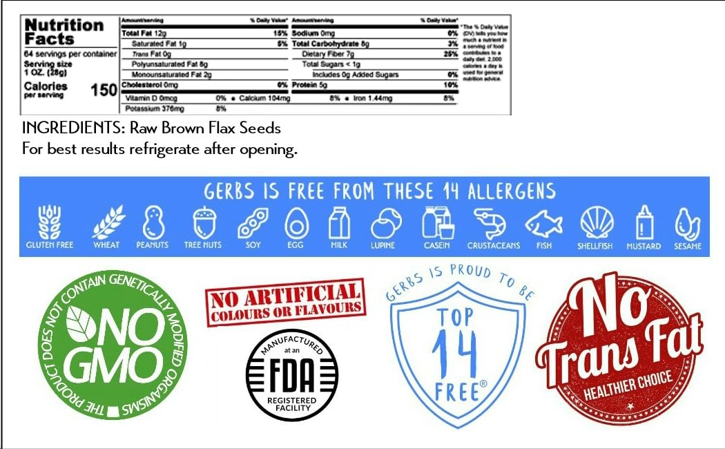 Gerbs Raw Brown Flax Seeds 4 lbs. | Carefully Sourced, No Additives, Resealable Bag | Naturally Mild & Nutty Crunch | Top 14 All