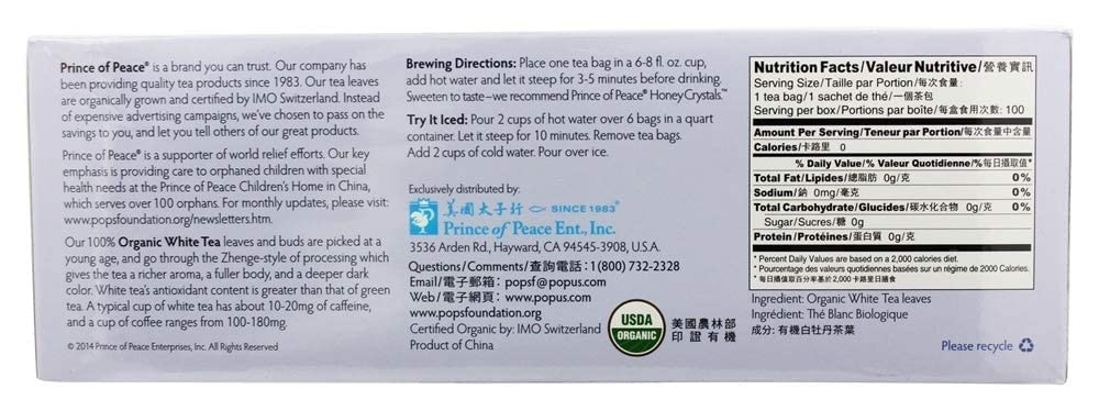 Prince of Peace Organic White Tea 100ct