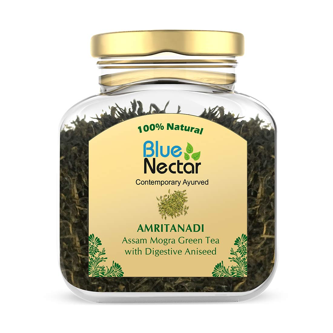 Blue Nectar Aniseed Green Tea Leaves | Supports Digestion | Reusable Glass Jar | Natural Green Tea Loose (50 Gm + 15 Gm Free)
