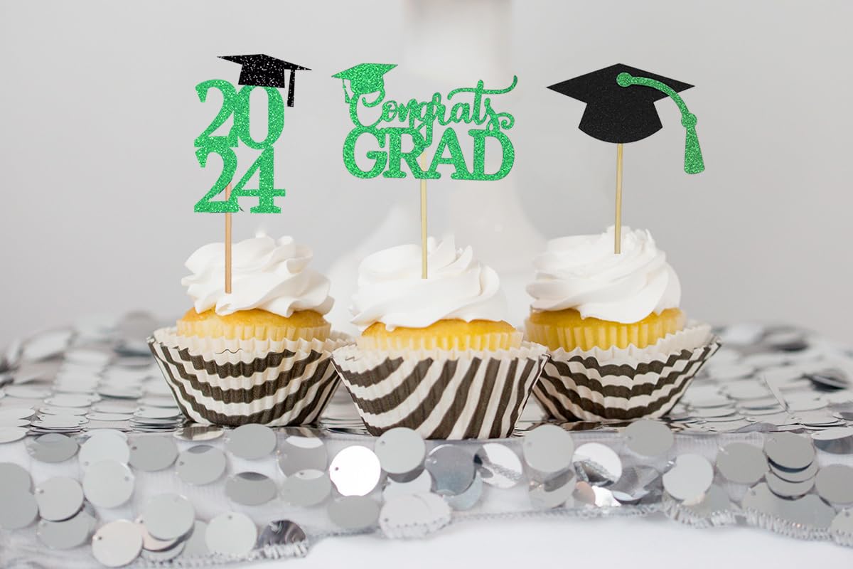 Graduation Cupcake Toppers 2024 Green,Glitter Class Of 2024 Cupcake Toppers Supplies,Class Of 2024 Congrats Grad Cap Diploma Cup