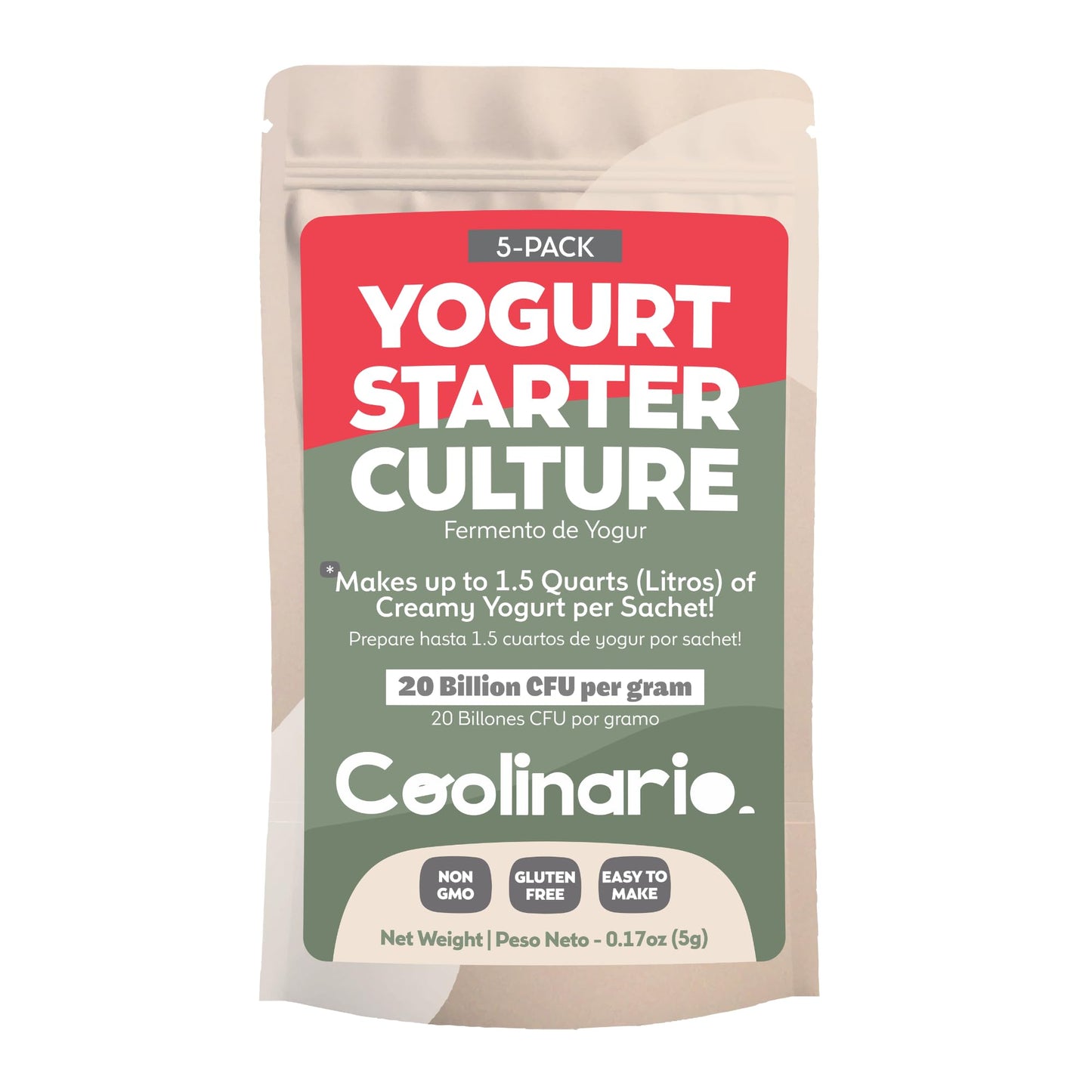 Coolinario Yogurt Starter Culture - 5 Pack, Live Cultures for Homemade Yogurt, Gluten Free, Non-GMO, Halal & Kosher