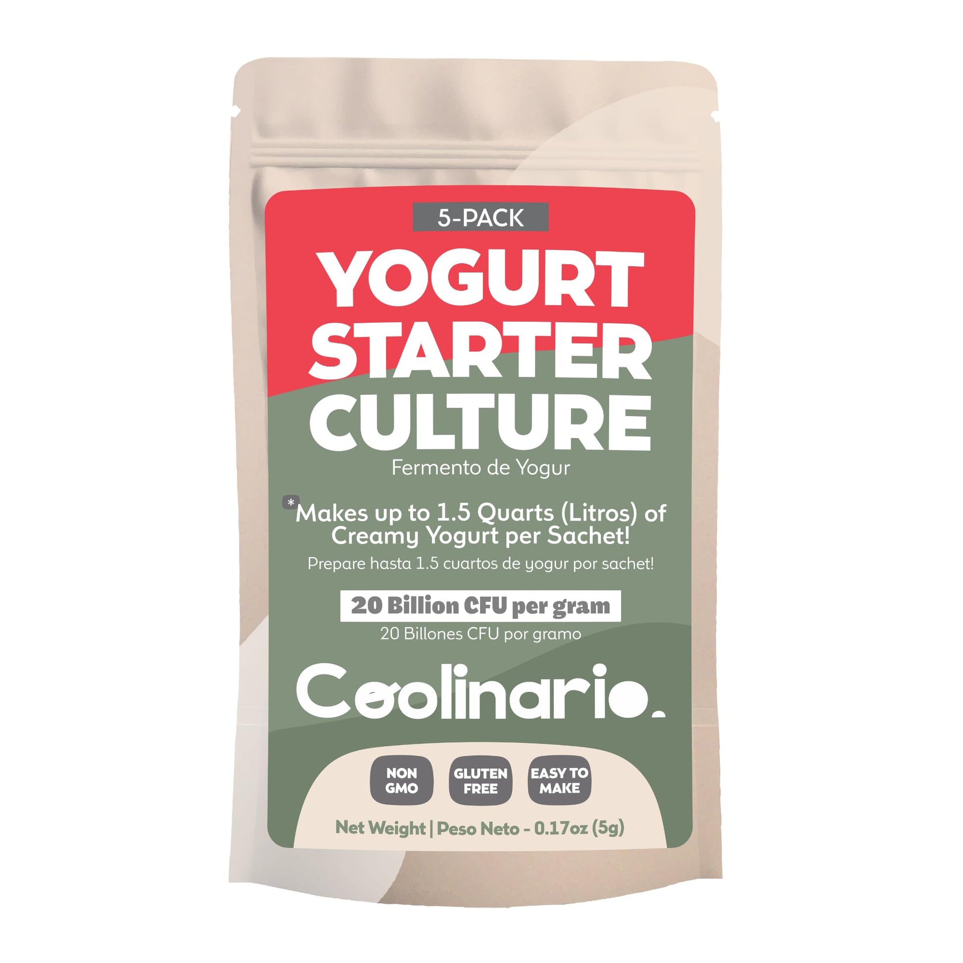 Coolinario Yogurt Starter Culture - 5 Pack, Live Cultures for Homemade Yogurt, Gluten Free, Non-GMO, Halal & Kosher