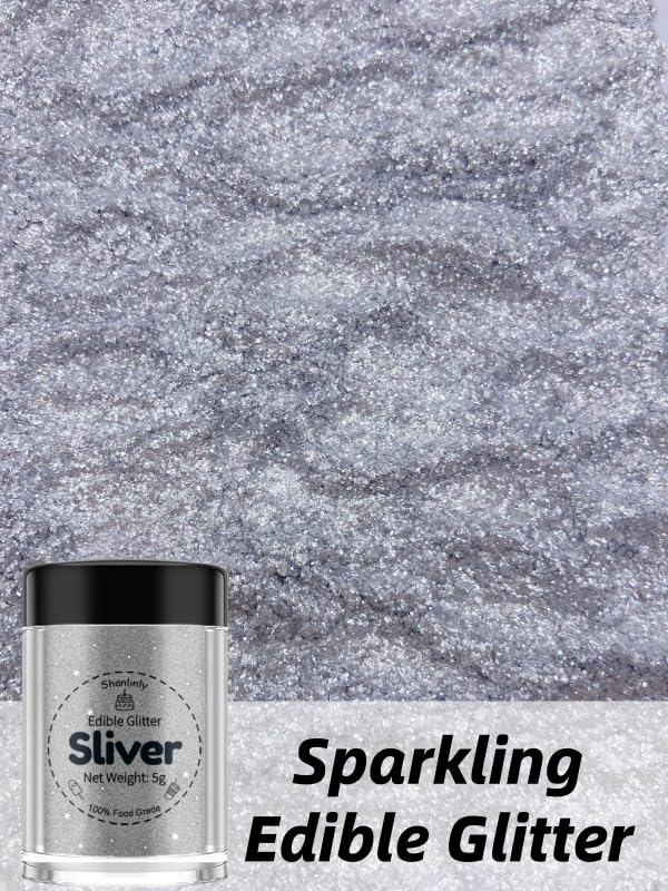 Shanlinly Silver Edible Glitter - Food Grade Shimmer Dust for Cakes, Cookies, Cocktails - 5g