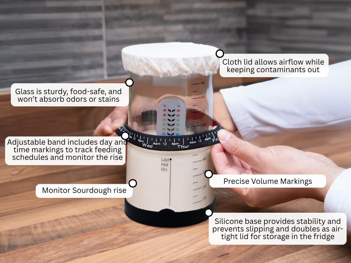 Pro Sourdough Starter Kit -37oz Wide Mouth Sourdough Starter Jar Kit for Bread - Large Glass Sourdough Jar  Feeding Band  Cloth Cover  Spatula & Thermometer-Best Sourdough Bread Kit for Beginners