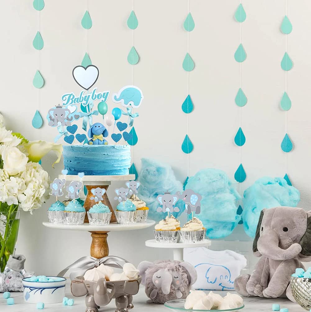 Morofme 48pcs Elephant Cupcake Toppers, Double-Sided, Cardboard, Blue, Model 003, Baby Shower, Birthday Party Decorations