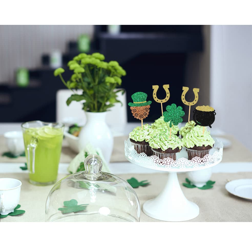 Moitkptt St Patricks Day Cupcake Toppers, 24 Pcs Four Leaf Clover & Leprechaun Hat Mix A