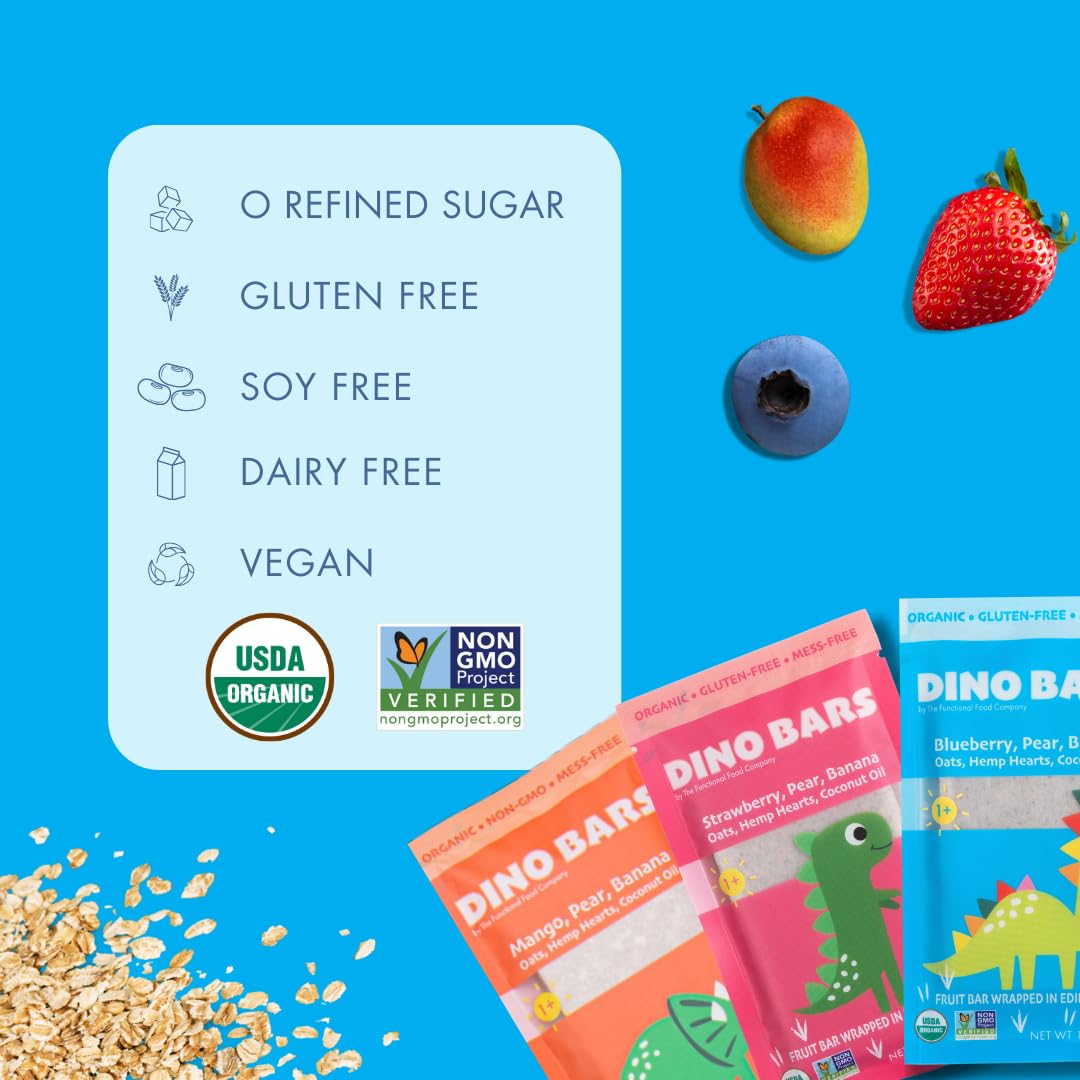 Dino Bars | Organic Fruit Bar for Kids | Organic Toddler Bars and Dinosaur Snacks | | Fruit + Oats + Hemp Hearts + Coconut Oil w