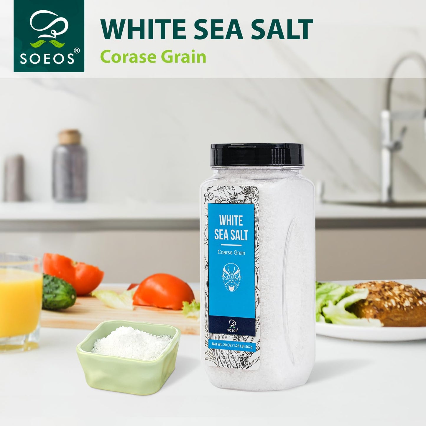 Soeos Sea Salt, Coarse Grain, 20 Oz (1.25 Pound), Non-GMO, Nature Himalayan Kosher Salt, Sea Salt for Grinder Refill (Pack of 1)