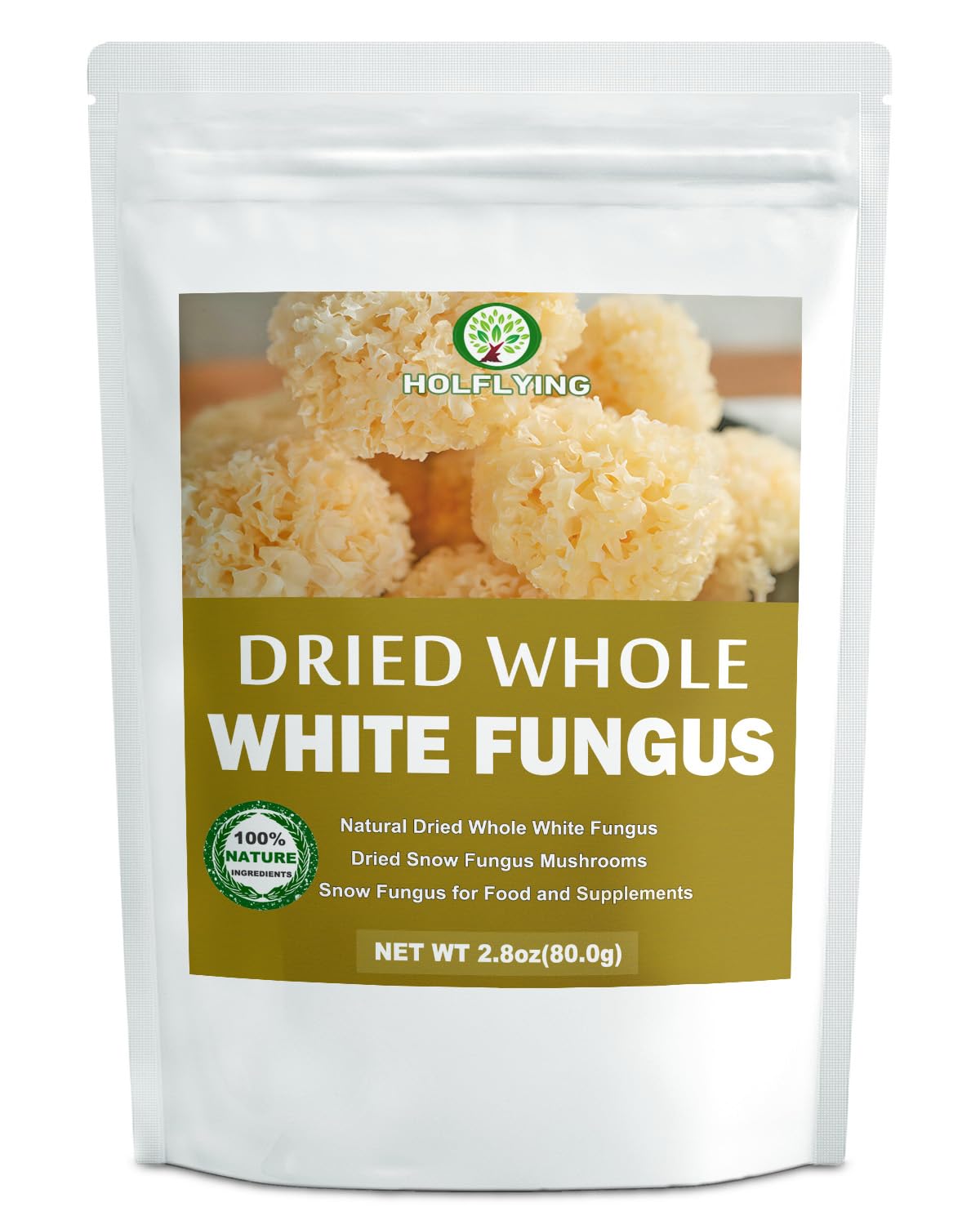 HOLFLYING Dried Whole White Fungus Mushrooms - All-Natural Tremella for Cooking - 2.8 oz
