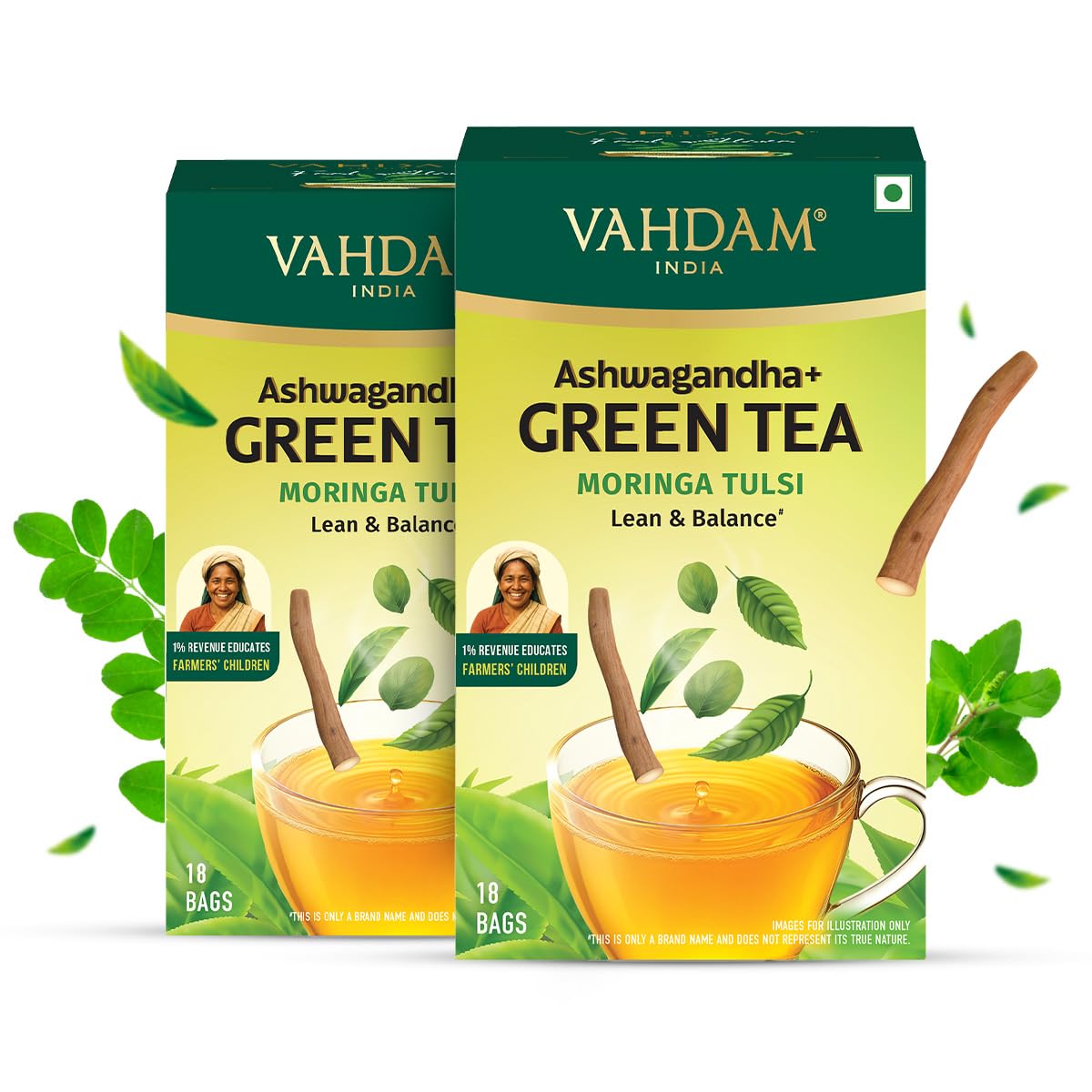 Vahdam, Moringa Tulsi Green Tea With Ashwagandha  36 Tea Bags | Lean & Balance | Individually Wrapped | Blend Of Green Tea, Ash