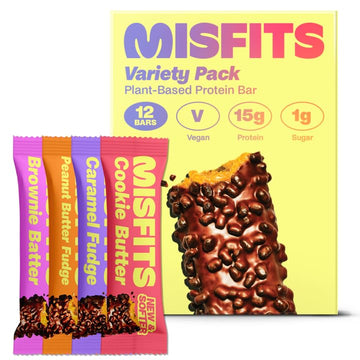 Misfits Vegan Protein Bar, Best Sellers Variety Pack, Plant Based High Protein Snacks With 15G Per Bar, Low Sugar, Low Carb, Glu