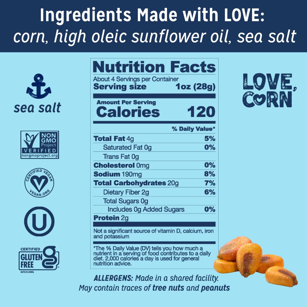 Love Corn Sea Salt Crunchy Corn Snack, Non-GMO, Vegan, Gluten-Free, 4oz Pack of 6