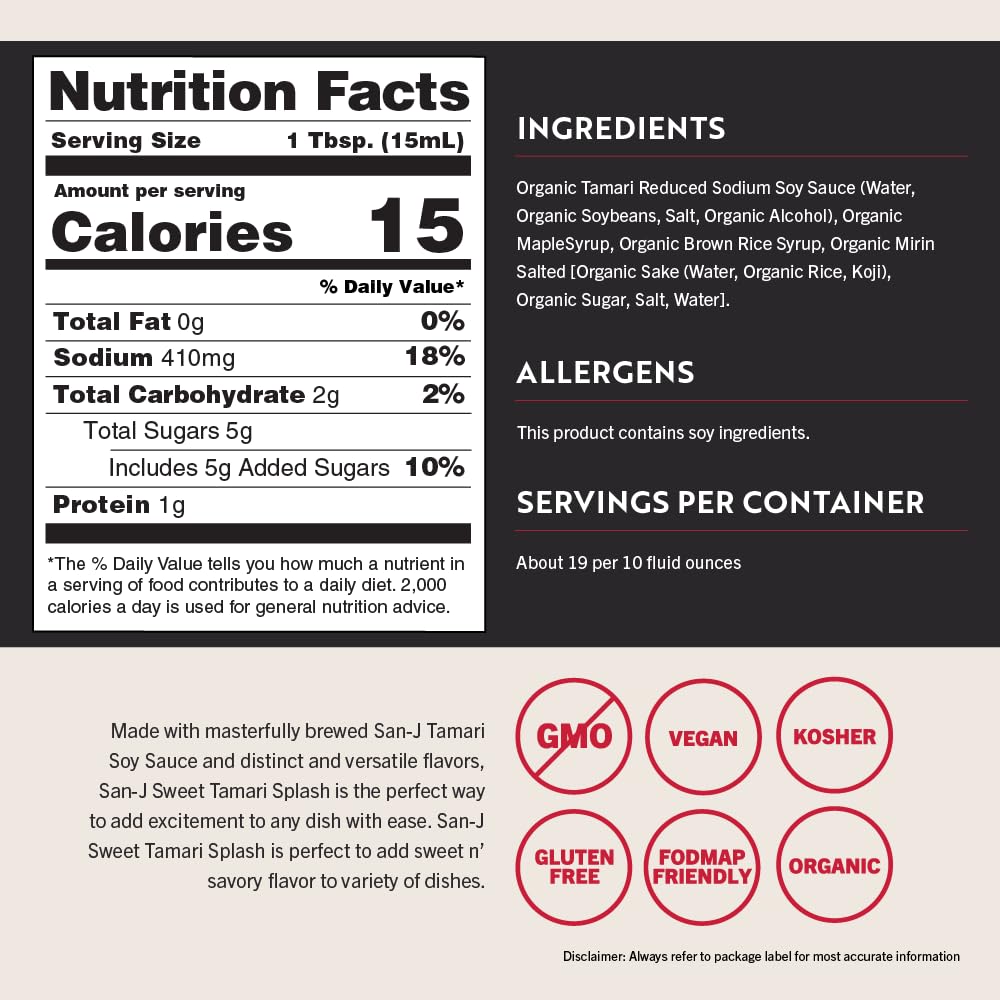 San-J - Richly Flavored Organic Sweet Tamari Splash - Specially Brewed - 10 oz. Bottle