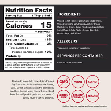 San-J - Richly Flavored Organic Sweet Tamari Splash - Specially Brewed - 10 oz. Bottle