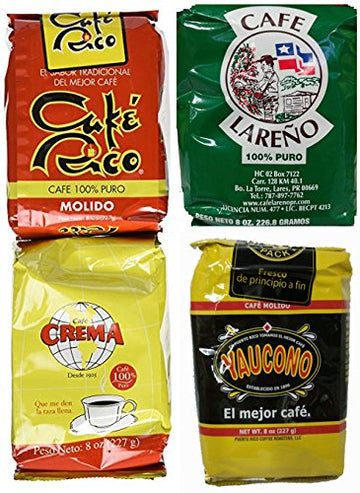 Puerto Rican Ground Coffee Variety Pack - 4 Local Favorites In 8 Ounce Bags (Cafe Rico, Lareno, Crema And Yaucono) Includes 2 En