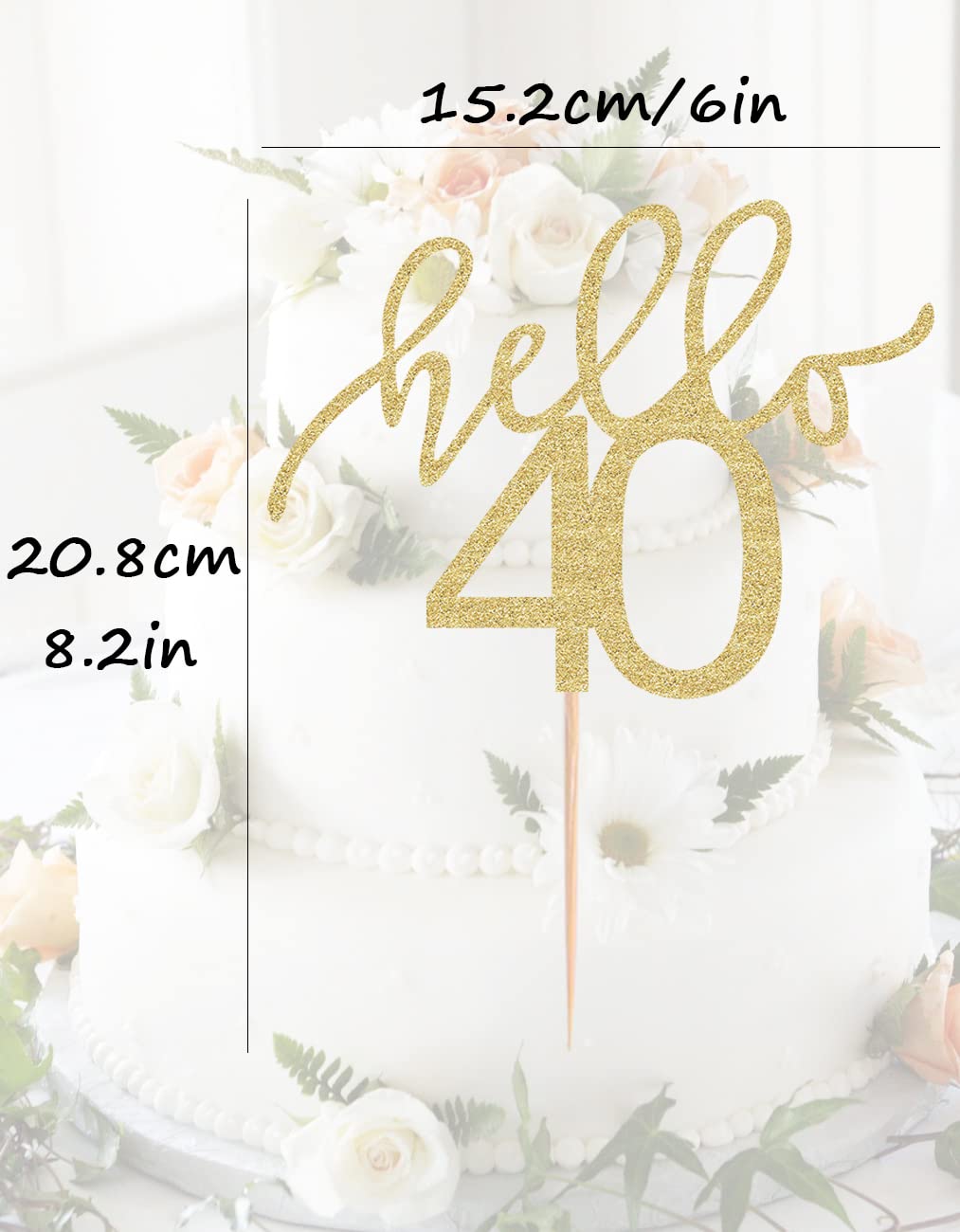 Ahaoray Hello 40 Cake Topper - Gold Glitter 40Th Birthday Cake Decorations - 40 Wedding Anniversary Party Cake Decor