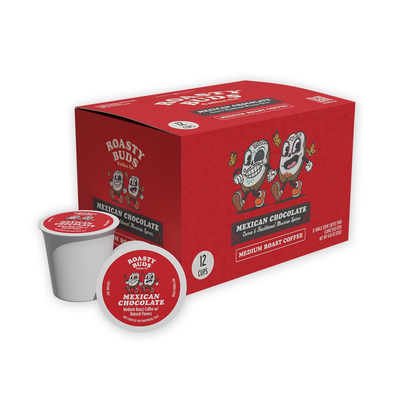 Roasty Buds Coffee Mexican Chocolate Pods 12 Count | Single-Serve 11g Per Pod | Recyclable  Gluten-Free  Non-GMO  No Sugar/Dairy/Soy/Egg