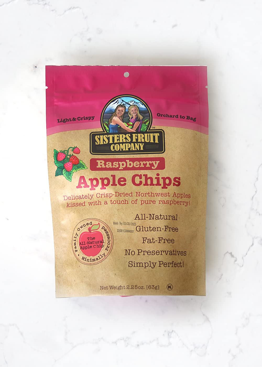 Sisters Fruit Company, Raspberry Apple Chips, All-Natural, No Preservatives, Fat-Free (Contains SIX 2.25 OZ. Bags)