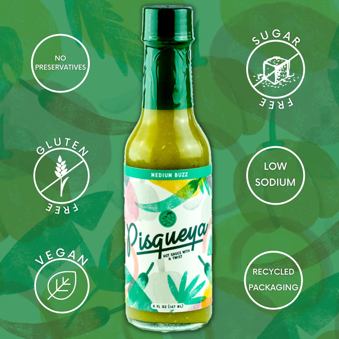 Pisqueya Hot Sauce - Gourmet Medium Buzz Hot Sauce With Jalapeo Peppers - Plant Based, No Sugar, Gluten Free, Low Sodium - You C