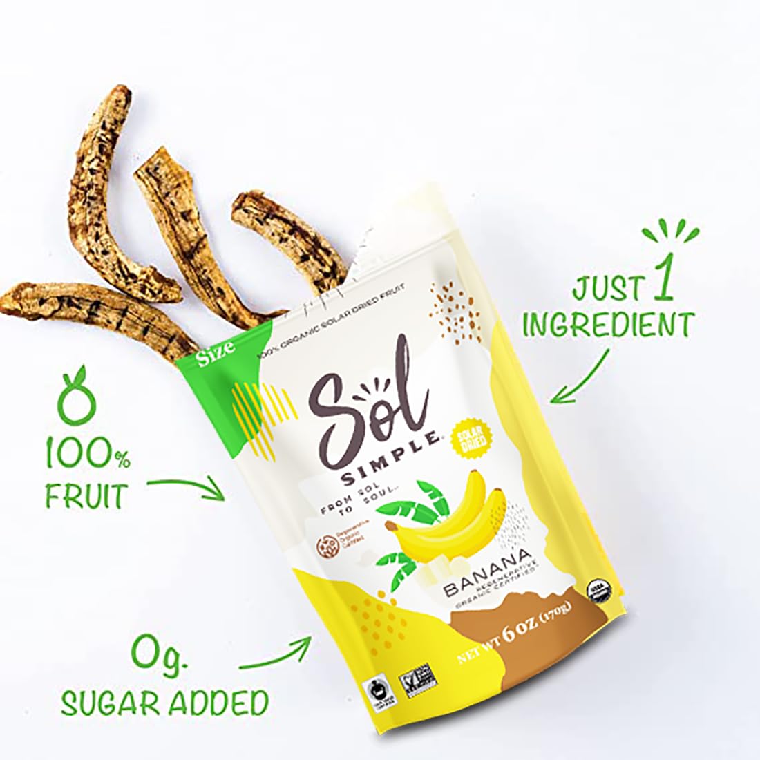 Sol Simple Regenerative Organic Certified, Dried Banana | 6Oz Snack Pack (2 Bags Total) | One Ingredient | Vegan | Non-Gmo | No Added Sugar | Fair Trade | Dried Fruit | Organic