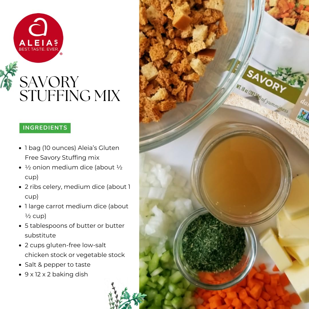 Aleia'S Best. Taste. Ever. Savory Stuffing Mix - 10 Oz / 2 Pack – Authentic Taste, Classic Stuffing For Gluten Free Recipes, Certified Gluten Free, Non-Gmo, Corn Free, Soy Free, Dairy Free, Low Sodium, Kosher