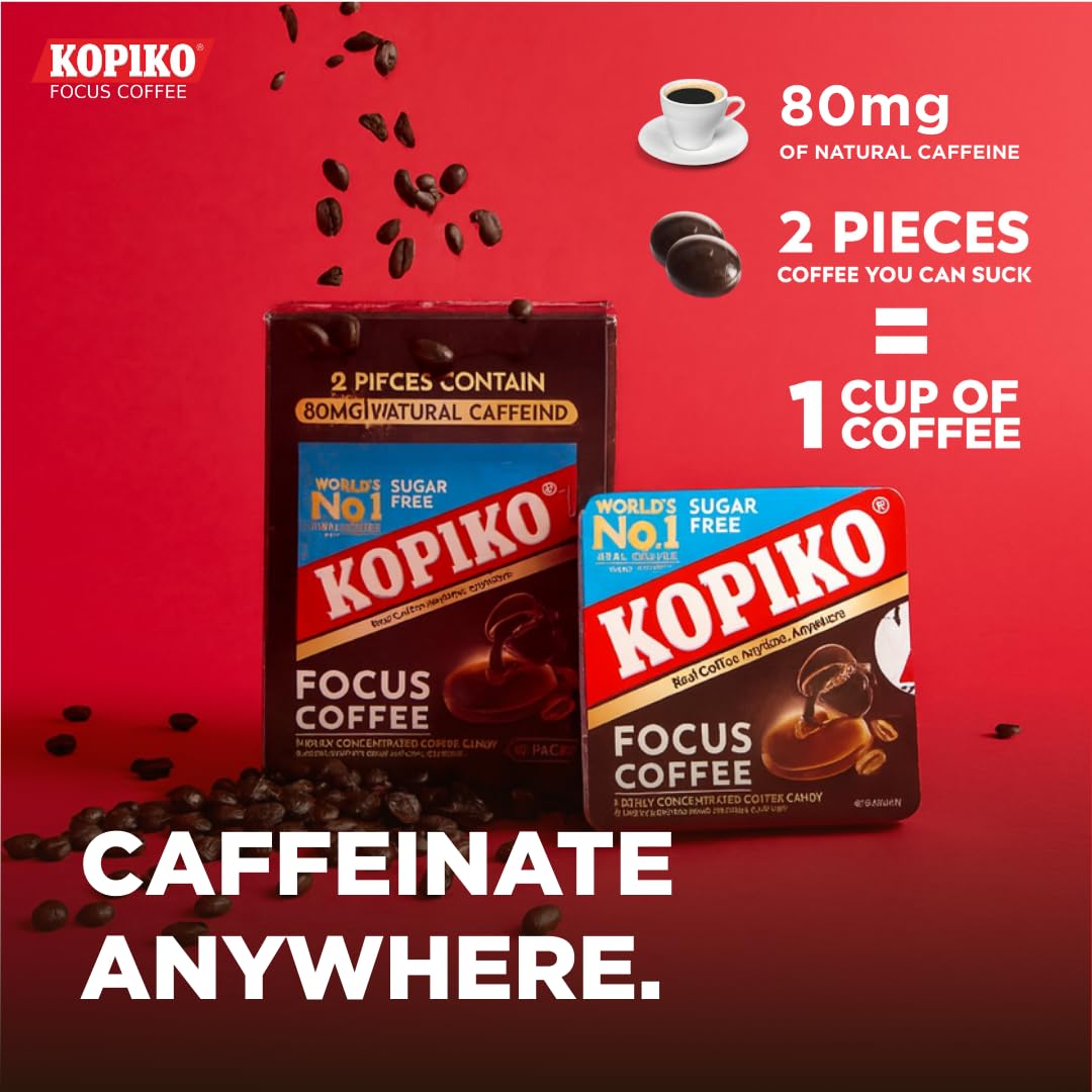 Kopiko Focus Coffee Candy - Have 80mg Caffeine per 2 Pieces for Energy & Mental Focus - Sugar-Free Hard Candy with Real Indonesian Coffee Extract (6 Pack w/4 Candies Each)