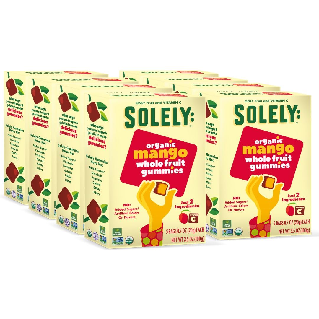 Solely - Organic Mango Whole Fruit Gummies (Pack Of 8 Boxes, 5 Individual Bags Per Box) - Real Fresh Fruit - Healthy Snacks For