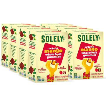 Solely - Organic Mango Whole Fruit Gummies (Pack Of 8 Boxes, 5 Individual Bags Per Box) - Real Fresh Fruit - Healthy Snacks For