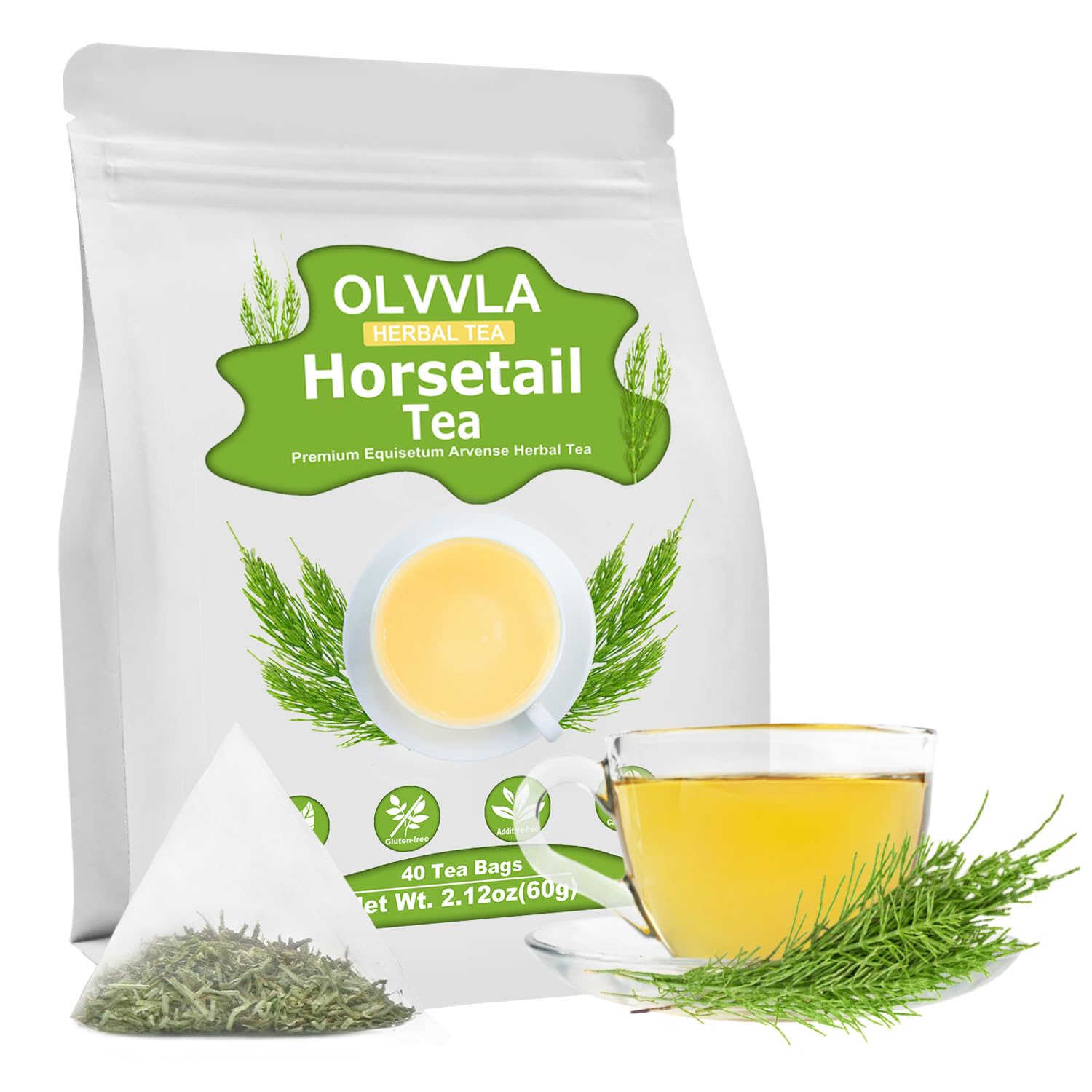 Olvvla Horsetail Tea Bags - Caffeine-Free Herbal Tea - 1.5g X 40 Count - Non-GMO, Rich in Antioxidants