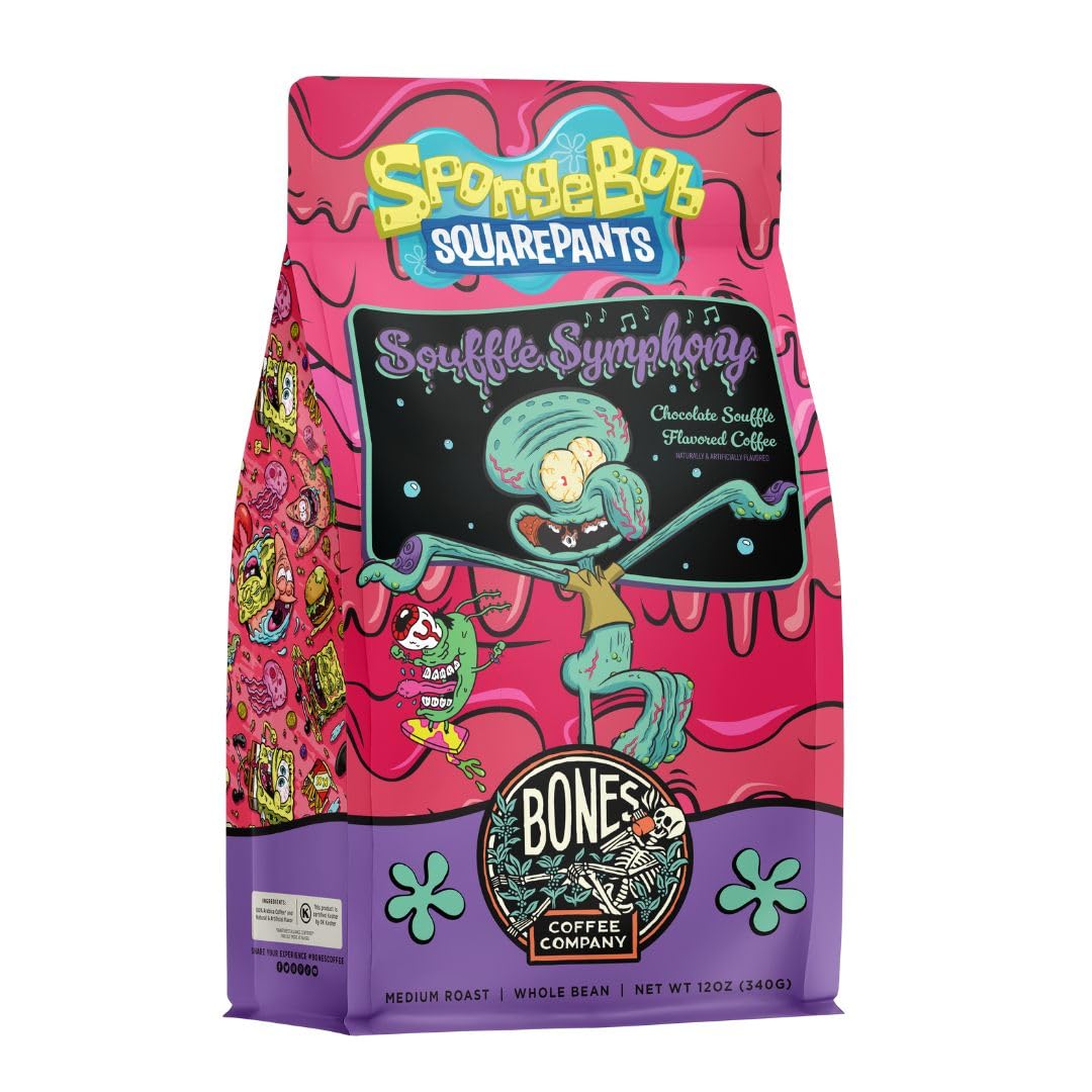 Bones Coffee Company Spongebob Souffl   Symphony, Chocolate Souffl   Flavored Whole Coffee Beans, Low Acid Medium Roast Arabica 
