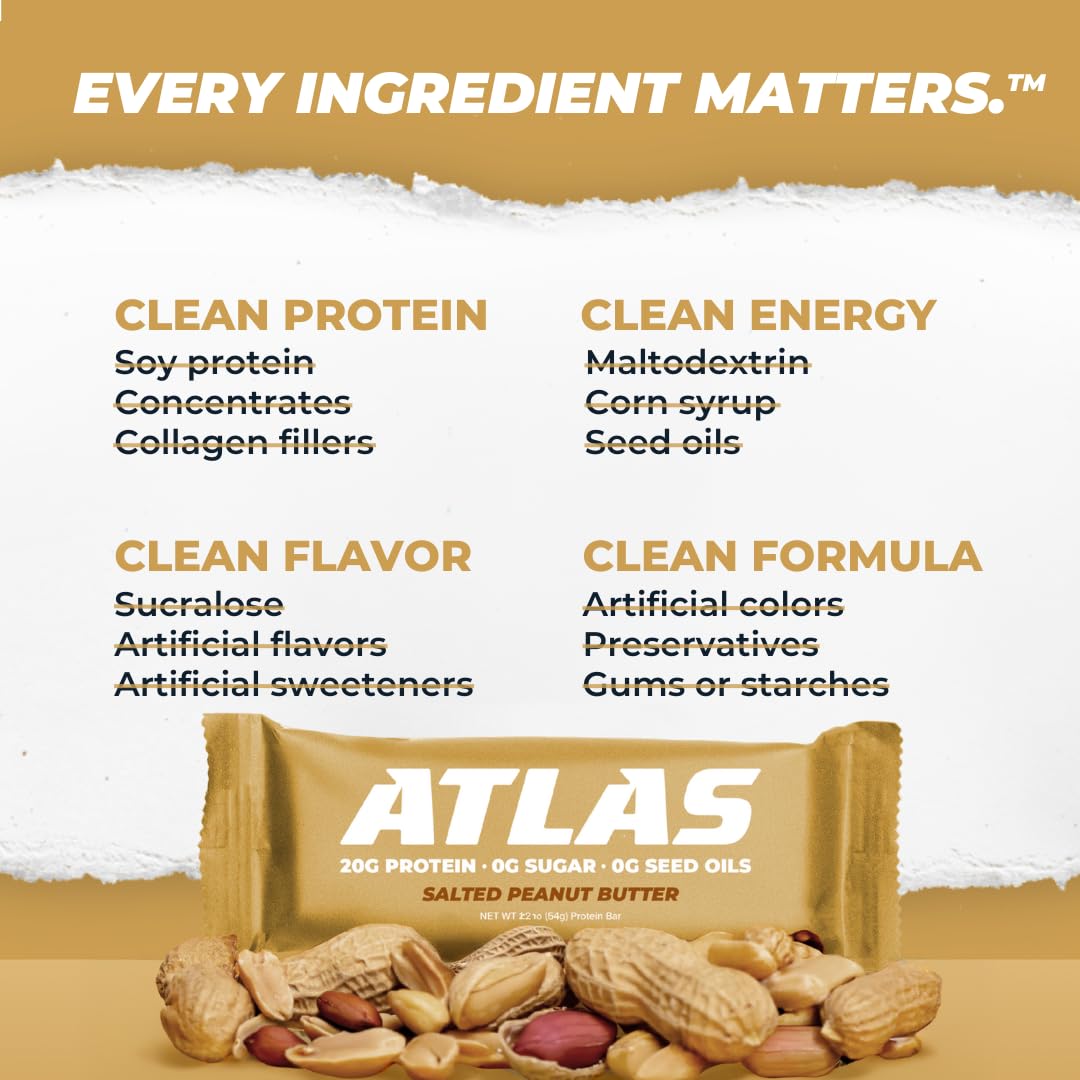 Atlas Bar - 20g Protein  1g Sugar  0g Seed Oils  0g Artificial Sweeteners (12 Count  Salted Peanut Butter)