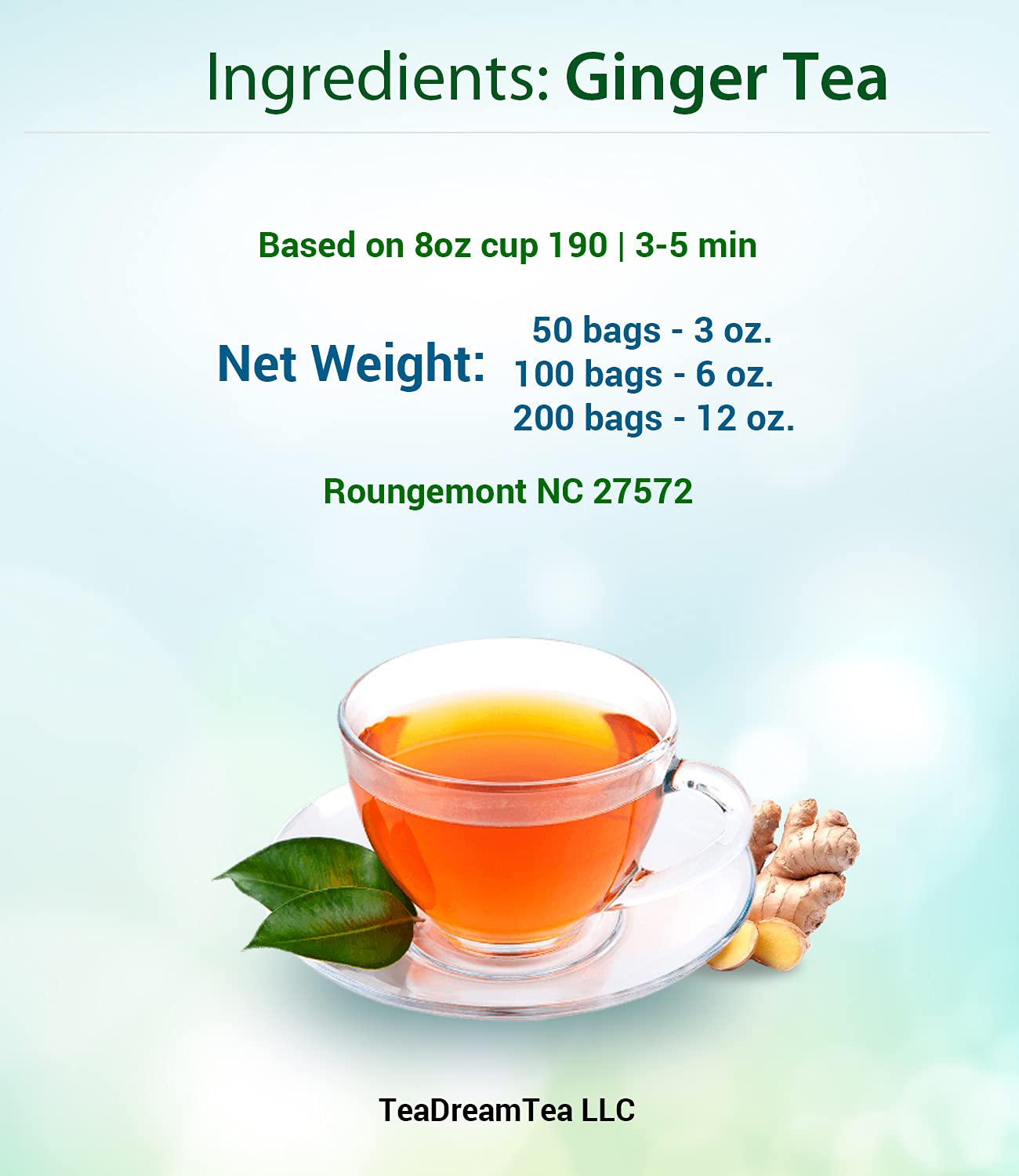 Teadreamtea Ginger Tea Bags - 50 Bleach-Free Tea Bags | Caffeine Free, Antioxidant, Calms Upset Stomach - Strengthen Immune System - Herbal Ginger Tea