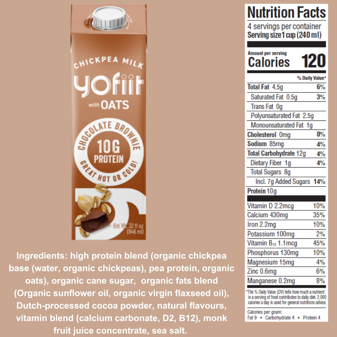Yofiit Chocolate Brownie Non Dairy Milk - Delicious Vegan Chocolate Milk - 10G Protein & Less Sugar, Shelf Stable Milk With Oats