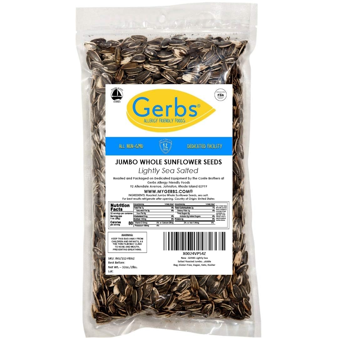 GERBS Jumbo Lightly Sea Salted Sunflower Seeds - Vegan, Non-GMO, 2 lbs, Top 14 Allergen Free, Kosher, Grown in USA