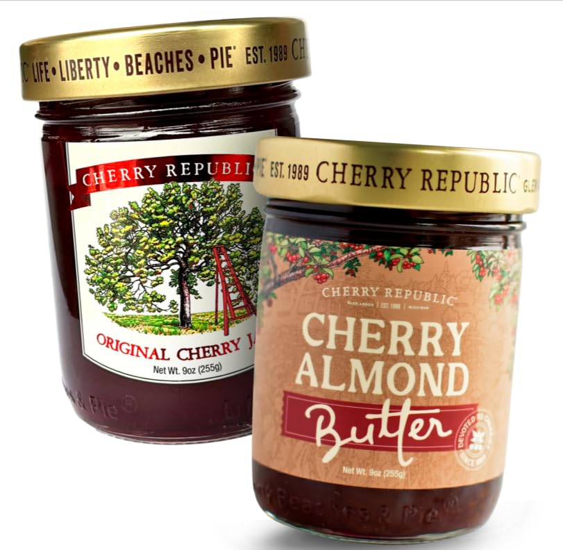 Cherry Republic Original Cherry Jam and Cherries Almond Butter Bundle, Sweet and Nutty Fruit Spread Duo Made with Real Cherries 