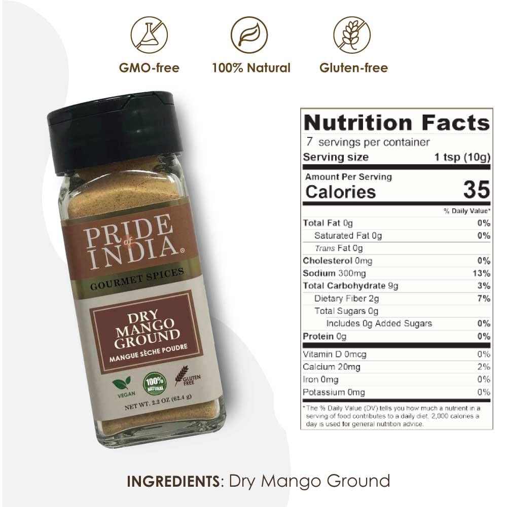 Pride of India | Dry Mango Powder 2.2 oz (62.36 gm) Small Dual Sifter Bottle | Amchur for Flavor and Taste | Gourmet Indian Spic