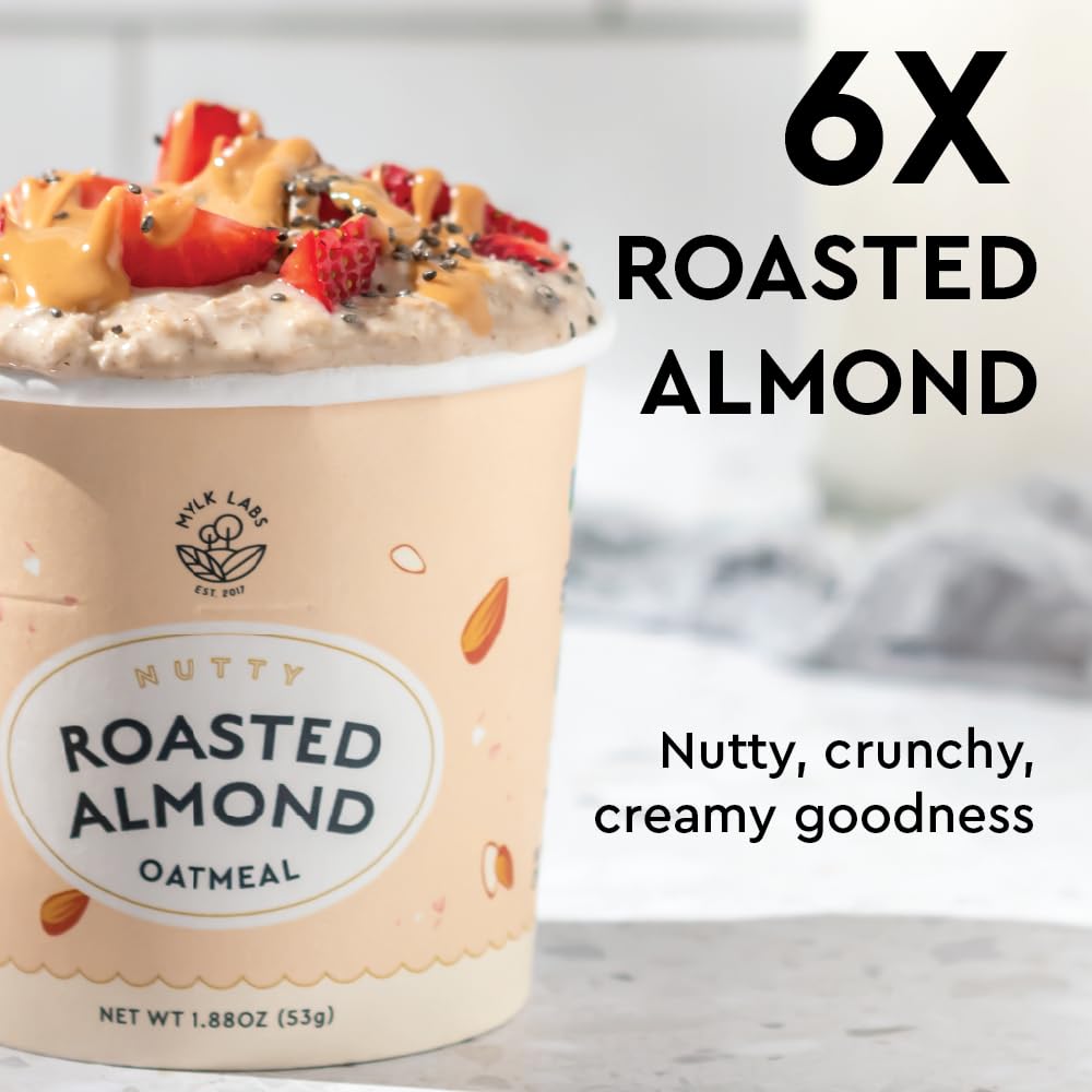 Mylk Labs Almond Gluten Free Oatmeal Cups - Low Sugar Breakfast  High Fiber Thin Rolled Oats  High Protein Instant Oatmeal  Non GMO  Vegan - 6 Pack